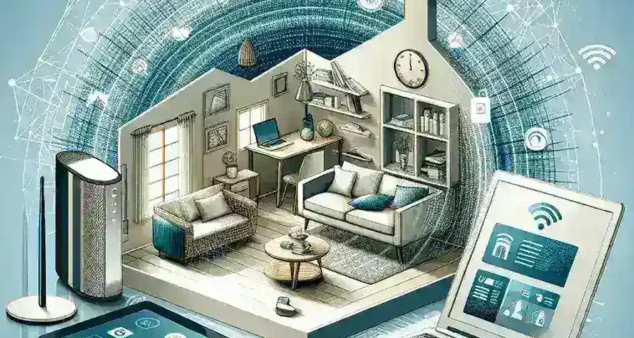 "Home Wi-Fi router setup with multiple devices connected, showcasing tips to improve Wi-Fi performance and internet speed in a residential setting."