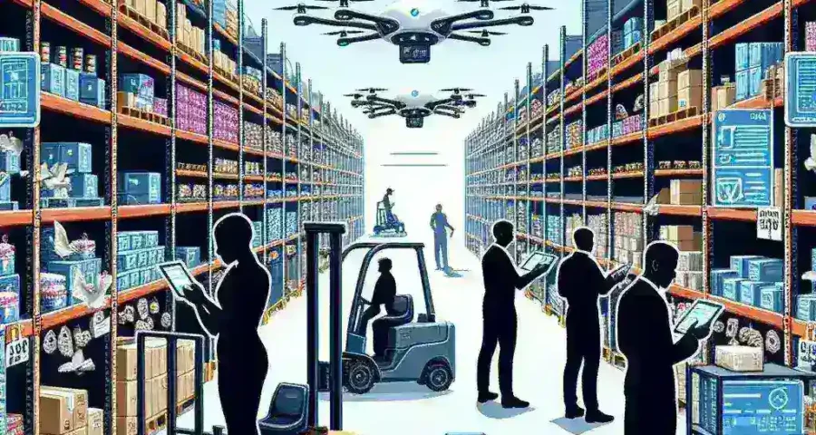 "AI-guided inventory drone navigating a U.S. distribution center to optimize stock management and enhance warehouse efficiency."